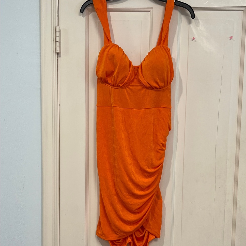 Bright Orange Ruched Tank Dress- padded cups- good material